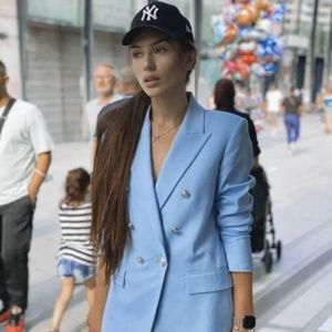 ZARA DOUBLE BREASTED BUTTONED BLAZER - sky blue